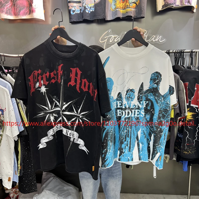 2026 New First Row T-shirt Real Photos Stock Retro Print Short Sleeve Top Men Women