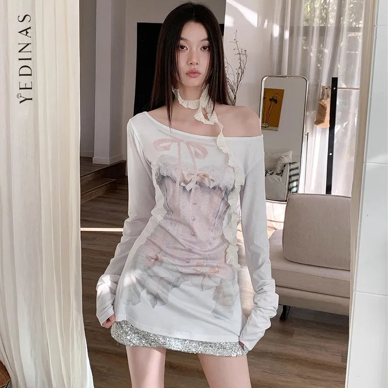 Yedinas Fairycore Graphic T Shirts Long Sleeve Korean Fashion Thin Soft Women T-shirt Tees Female Autumn Tops 2000s Clothes Y2k