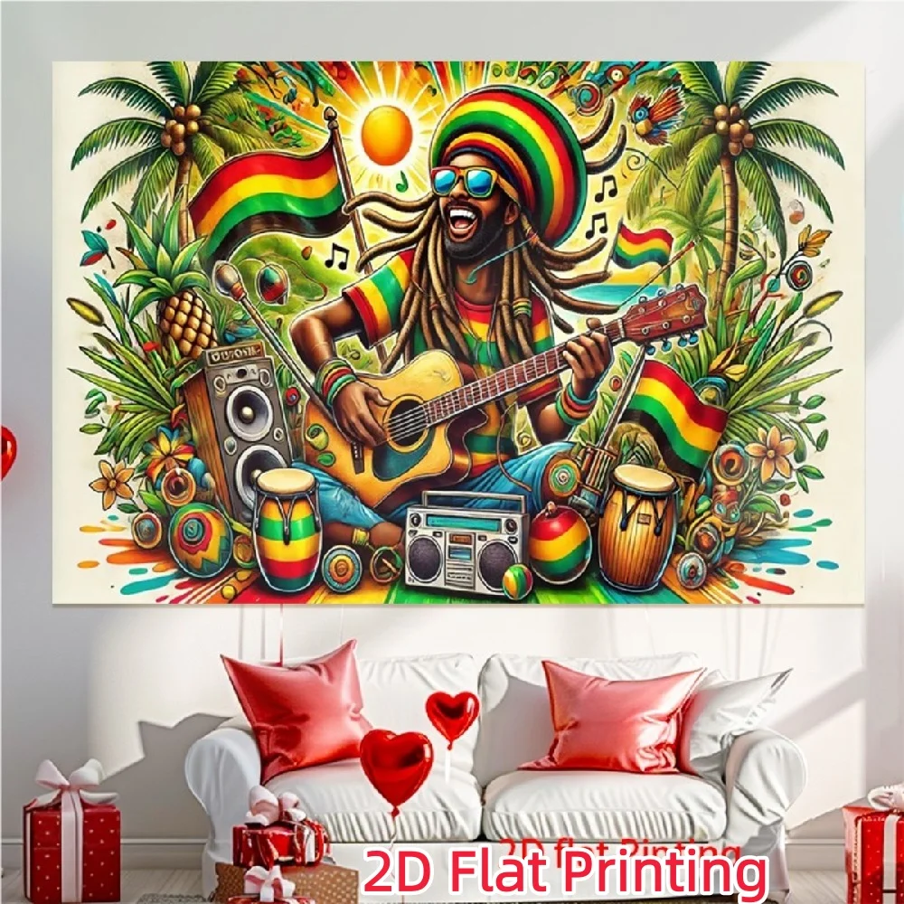 Reggae Music Man Tapestry 2D Flat Wall Hanging Rasta Flag Guitar Decor for Living Room Bedroom Caribbean Art Fabric