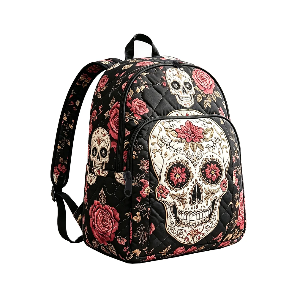 Gothic Sugar Skull Floral Quilted Backpack Large Capacity Casual Rucksack Halloween Packsack Women Men Travel Daypack
