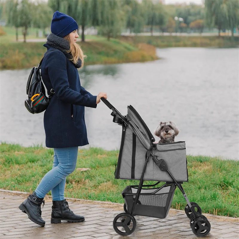 

Pet Dog Stroller, 4 Wheel Foldable Cat Dog Stroller with Storage Basket, Handle 360° Random delivery of black or white wheels