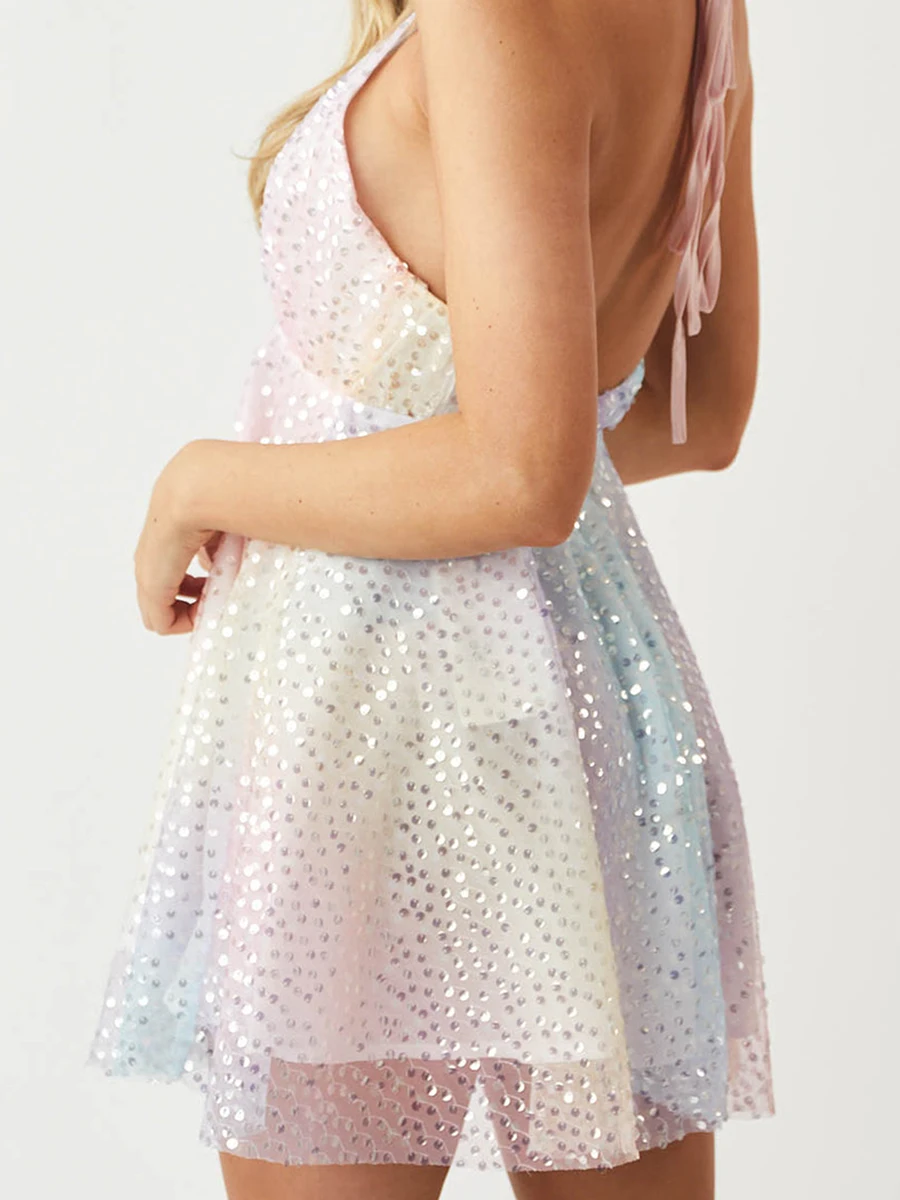 Women Sparkle Sequin Mini Dress Sleeveless Tie-Up Backless Glitter Sequin Halter Neck Mini A-line Dress Clubwear