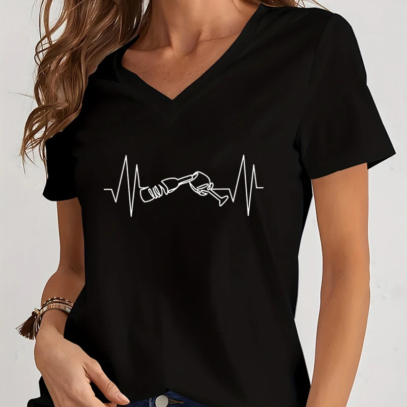 

Women V Neck Tshirt Wine Heartbeat Graphic Tee Shirt Womens Wine Lovers Top Funny Wine Summer T-shirt Women Oversized T Shirt