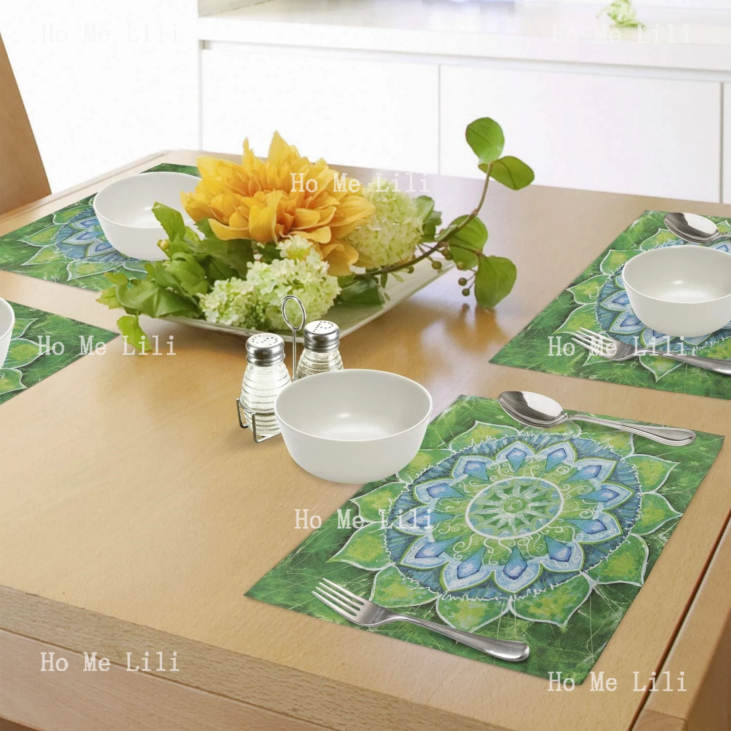 Mandala Grand Leaf Forms Of Nature And Theme Green Boho Style Floral Print Placemats For Dining Table