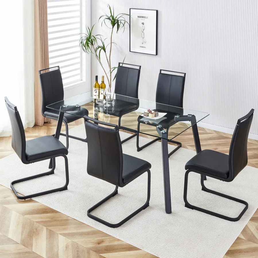 

Table and chair set, 1 table and 4 PU chairs,Rectangular glass dining table,tempered glass tabletop and black coated metal legs