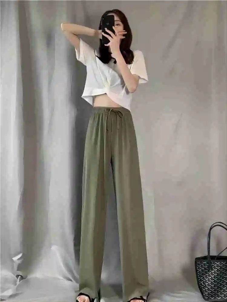 2024 New Women Pants Summer Ice Silk Wide Leg Pants High Waist Elastic Casual Pants Female Slimming Loose Black Straight Trouser