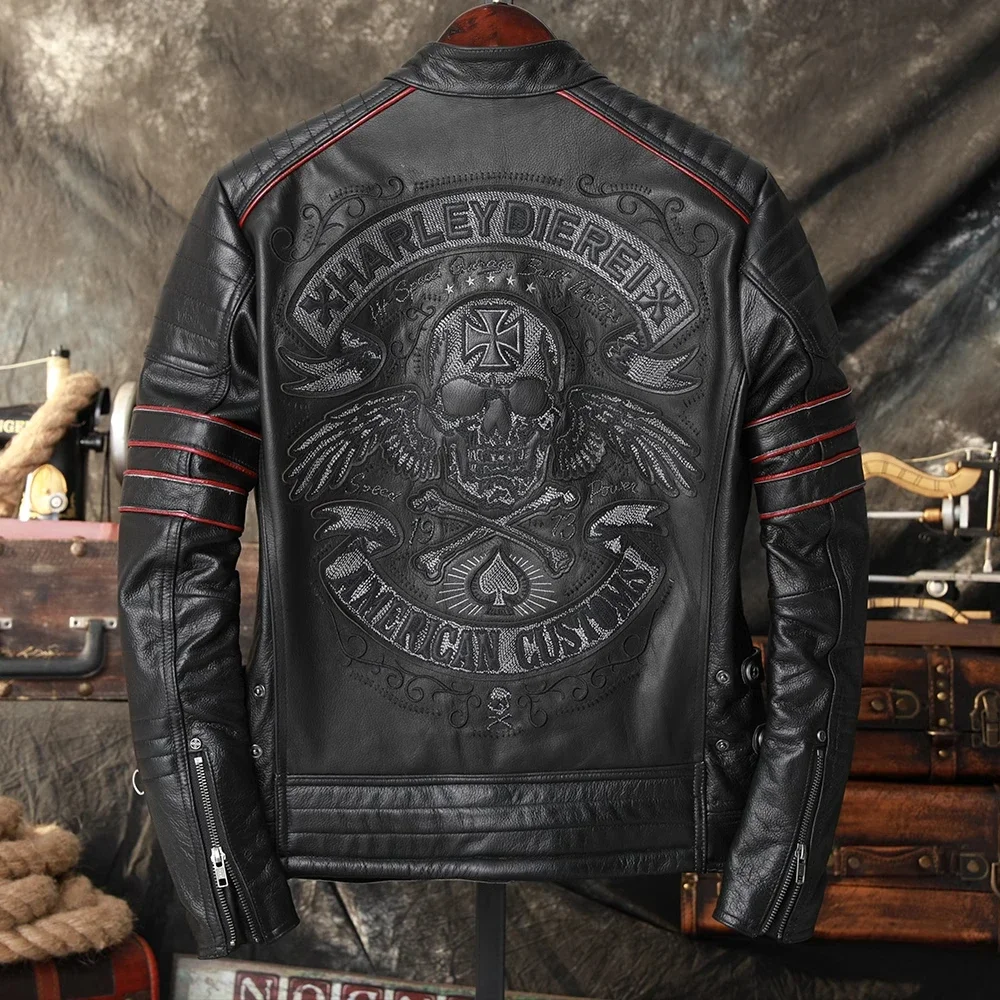 Top Layer Cowhide Jacket Male Genuine Leather Jackets For Men Motorcycle Clothing Men Coat Slim Fit Men's Real Leather Jacket