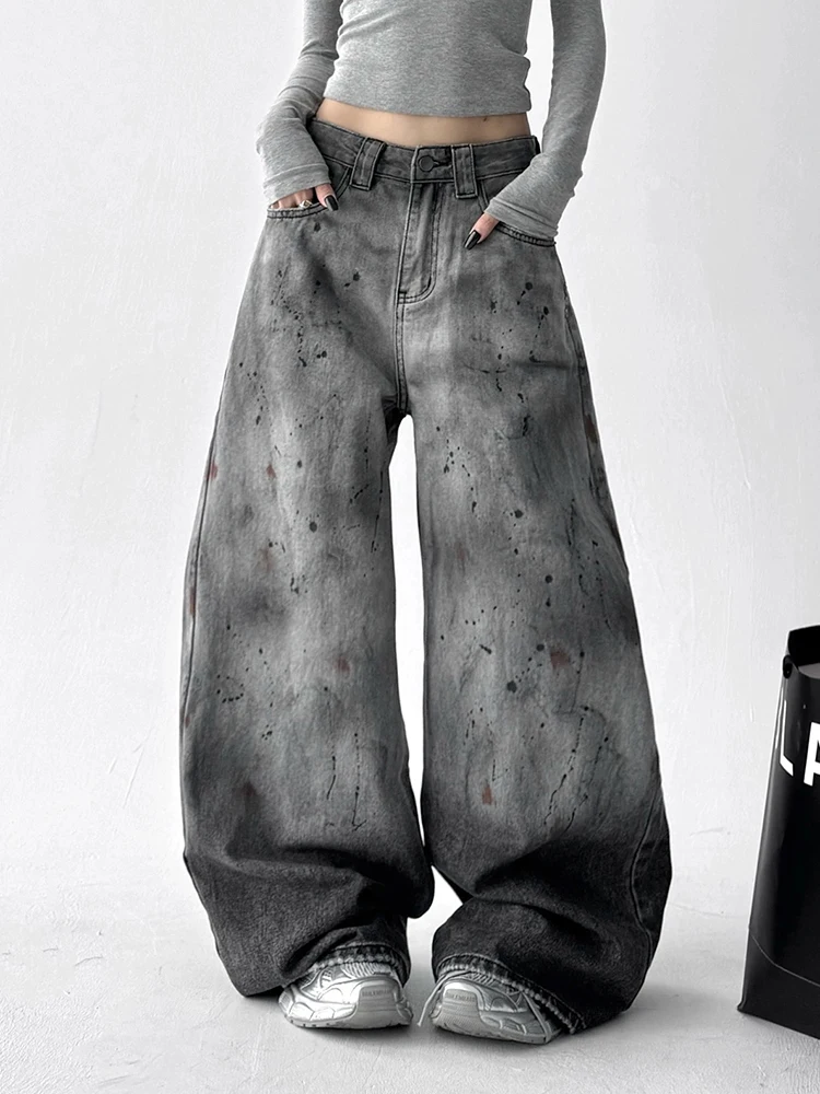 Y2K Splashed Ink Jeans Women Graffiti High Waist Wide Leg Loose Floor Length Casual Pants Autumn New