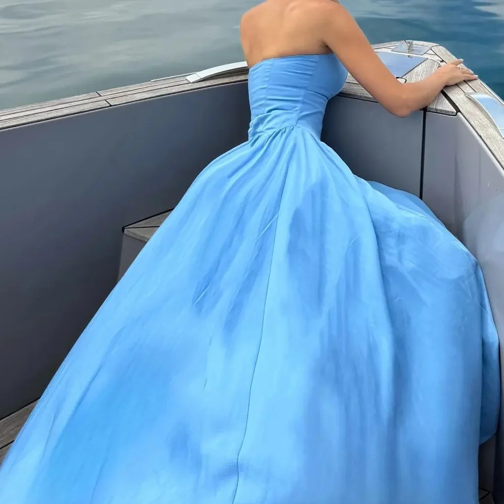 Modern Jersey Strapless  Evening Dress Temperament  A-Line Pleats Sleeveless Floor Length Prom Gowns Custom Size