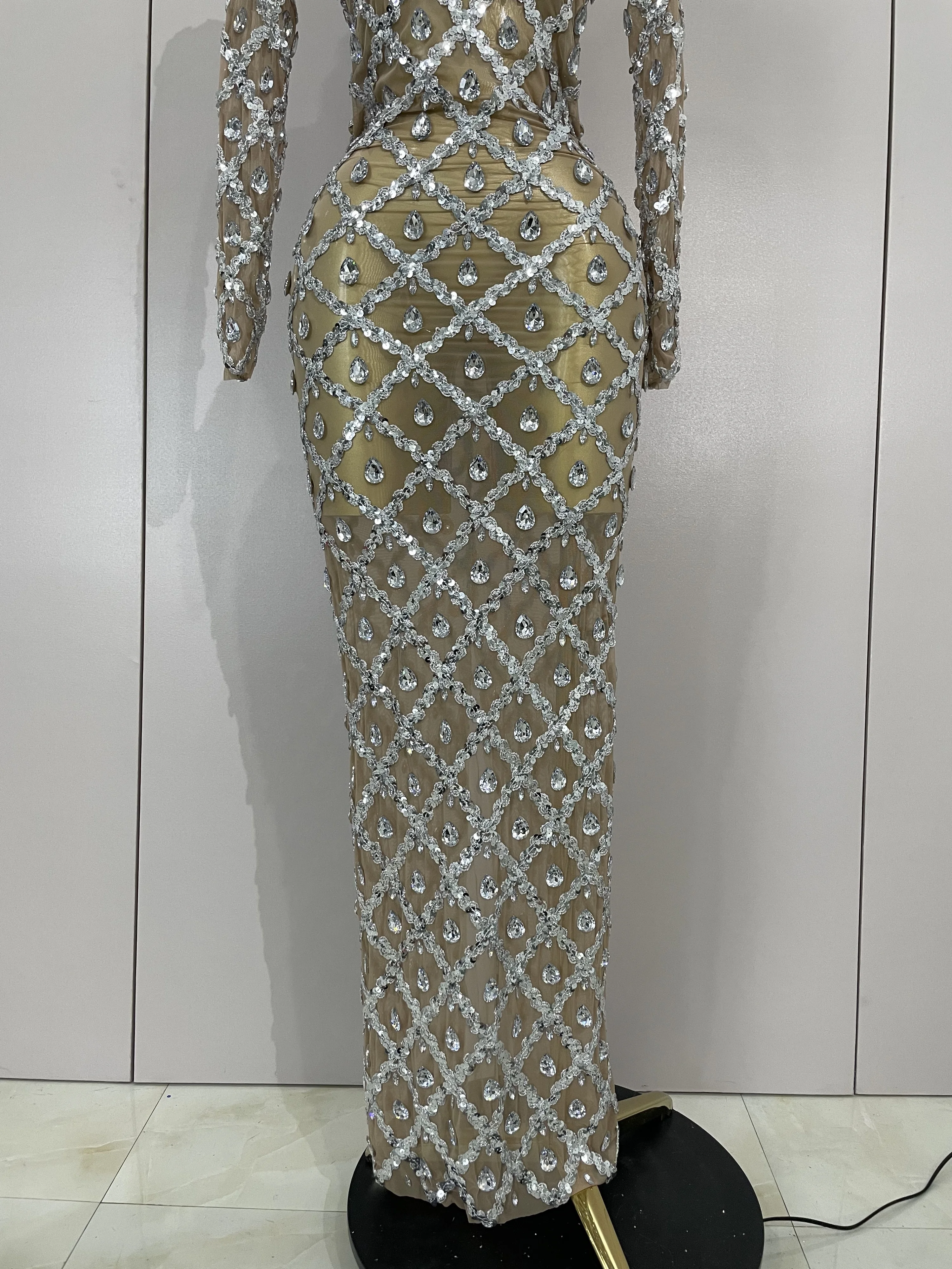 Women Sexy Shining Rhinestone Sequin Long Dress Luxury Birthday Dress Evening Prom Gown Transparent Singer Club Stage Host Dress