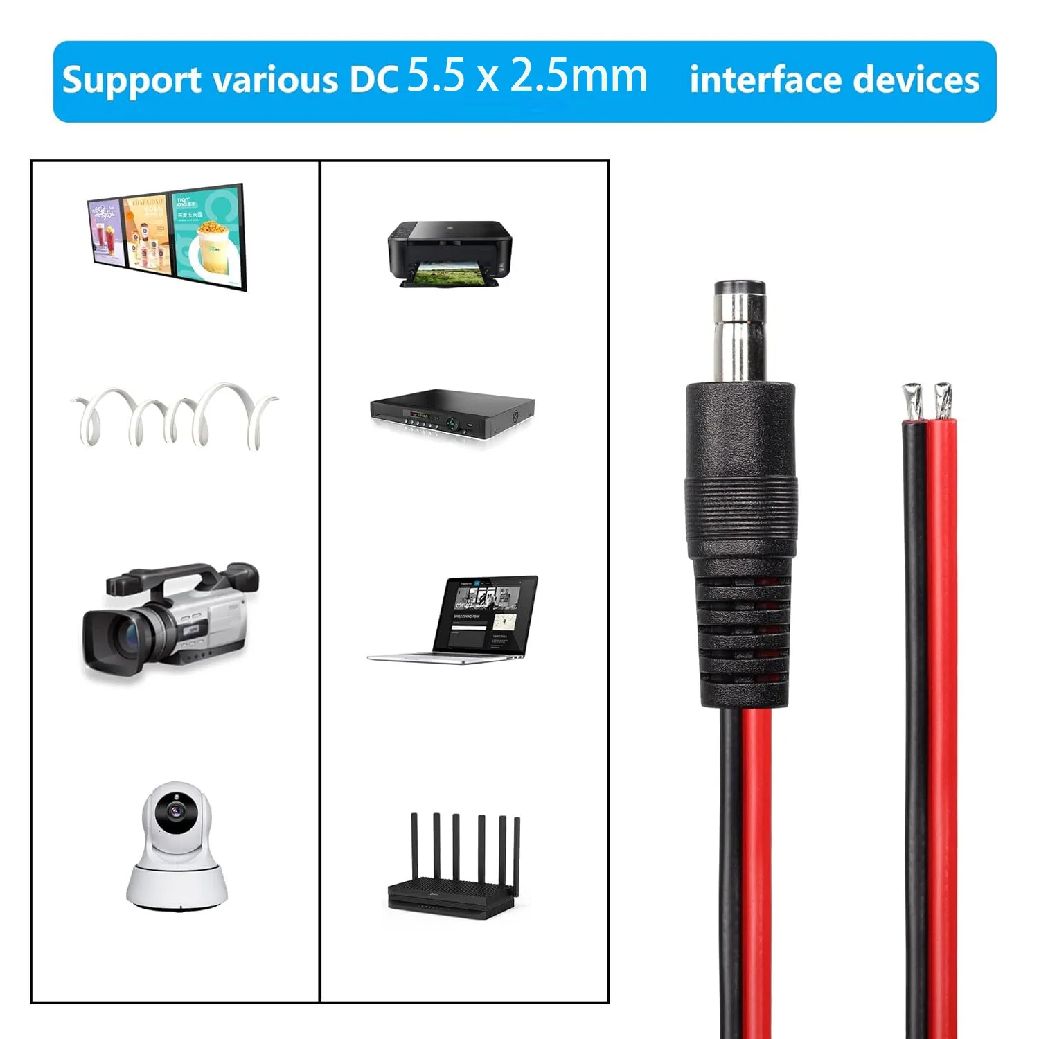 2 ชิ้น DC 5.5 มิลลิเมตร x 2.5 มิลลิเมตรชาย Pigtail 14AWG Bare ลวดปลายเปิดสายซ่อมสายกล้องวงจรปิดความปลอดภัยกล้อง LED Strip Light