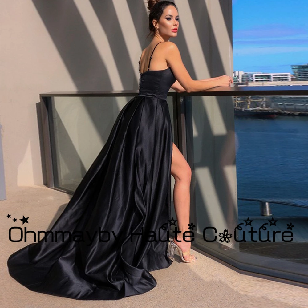 

Black Vintage Stretch Satin Evening Dresses Asymmetrical Floor Length Gorgeous Strapless Prom Gown for Party Robes De Soirée