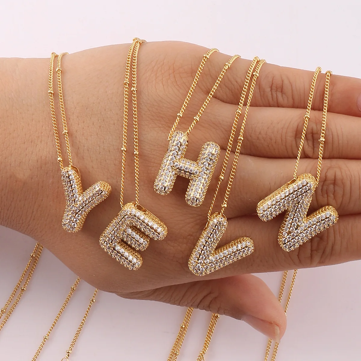 Cubic Zirconia Gold Plated Bubble Letter Pendant Necklace Monogram Necklace Balloon Initial Letter Necklace Gifts for Women