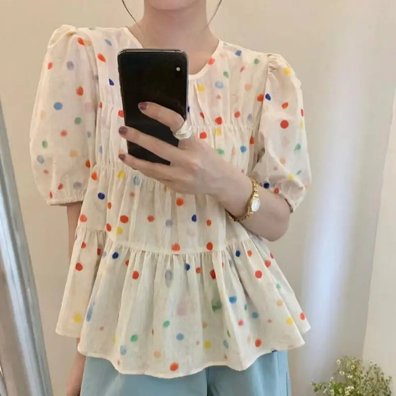 Sweet Loose Puff Sleeve Shirt Women Summer New Colorful Polka Dot Blouse Women Elegant Round Neck Pleated Slim Lady Tops 1975