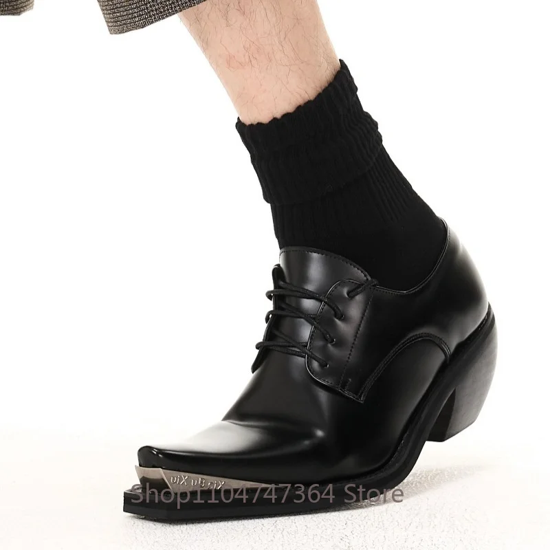 Design Thick Soled Derby Shoes Men's High Heels Metal Pointed Toe Height Increasing Casual Leather Shoes Male Office Wedding
