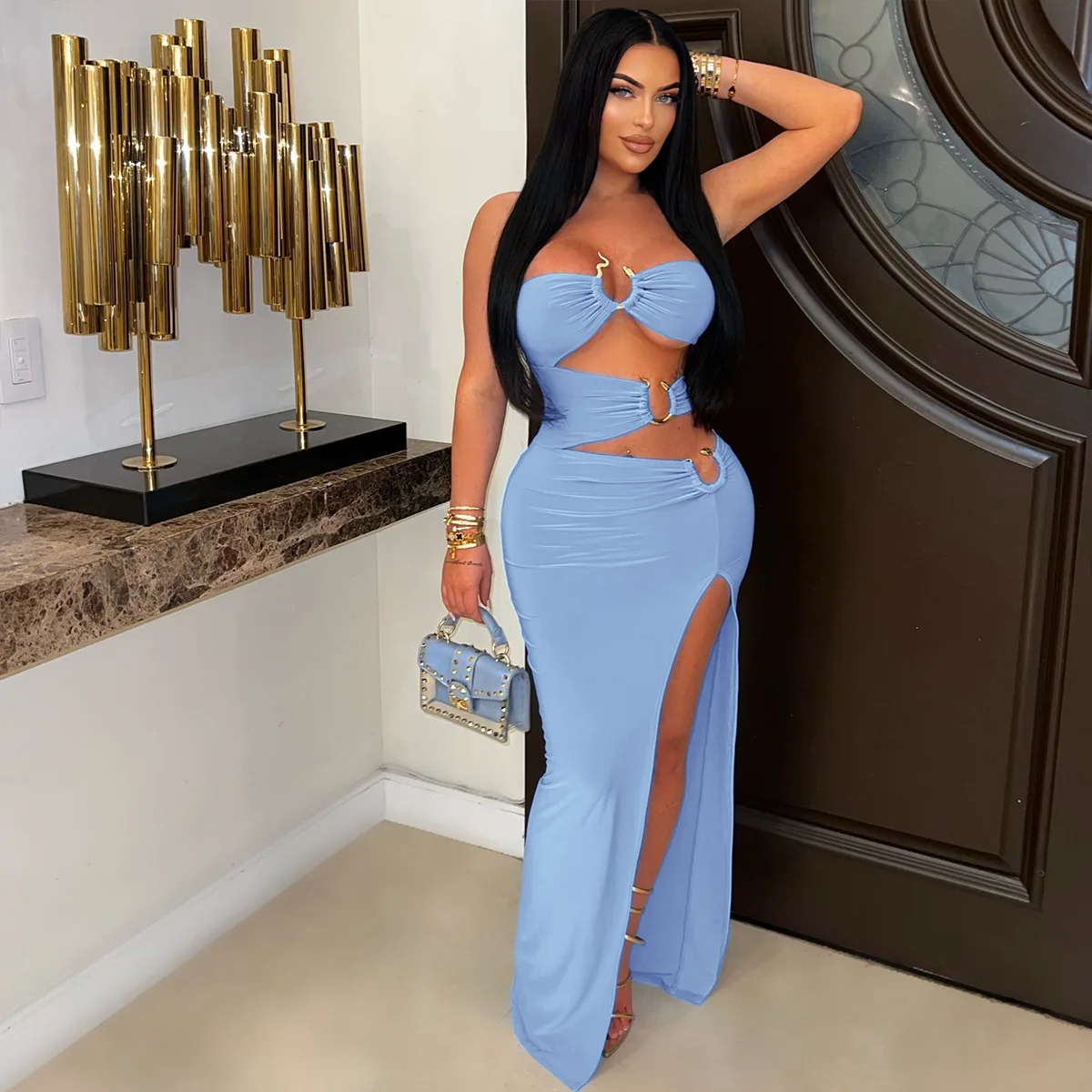 

Женское металлическое платье-бюстье с вырезами, без бретелек, облегающее, макси, для вечеринок и коктейлей