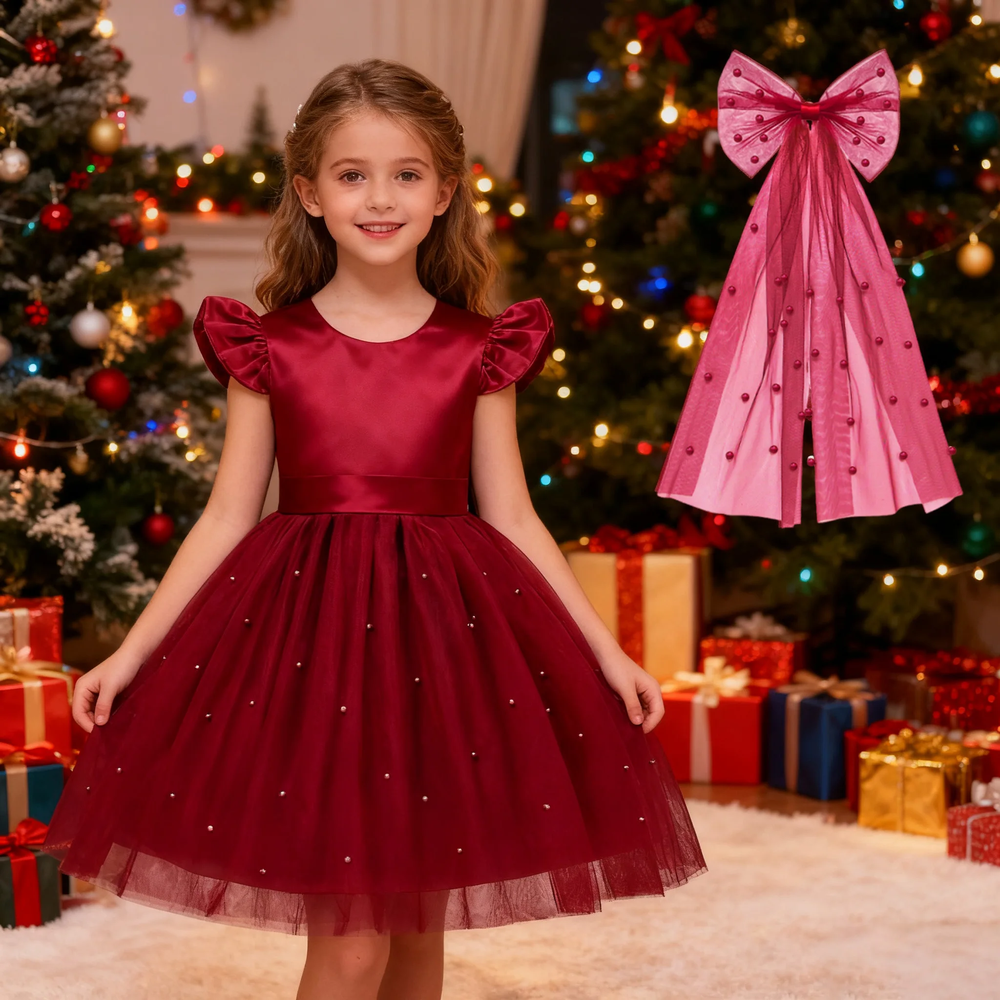 

Детские рождественские красные платья с повязкой на голову для девочек, детская одежда, праздничная одежда принцессы для девочек, праздничные кружевные костюмы