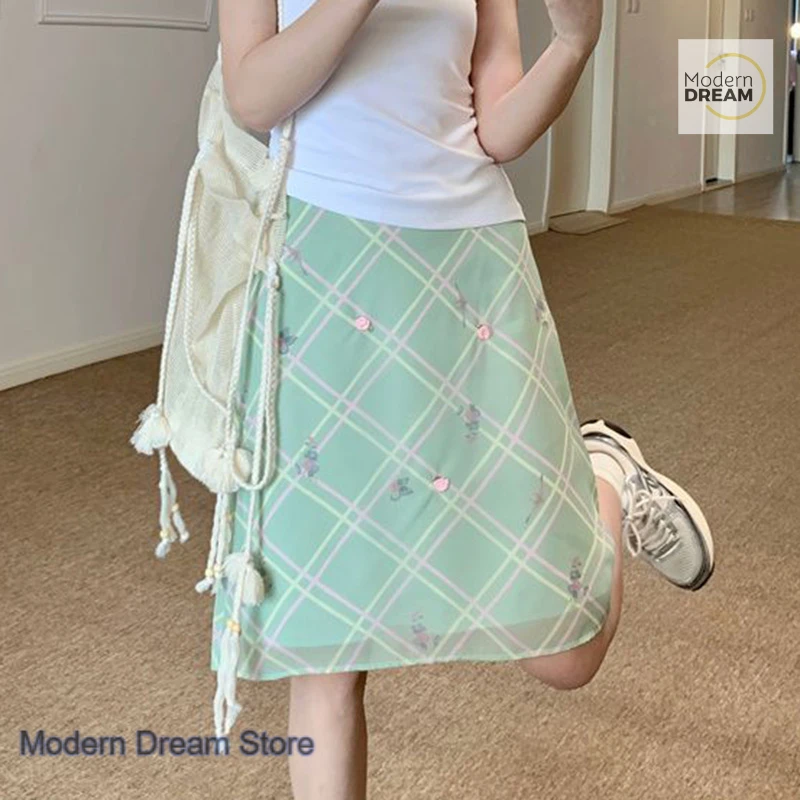 Korean mint mambo green plaid floral high waist skirt female summer fresh and sweet college temperament casual A word skirt
