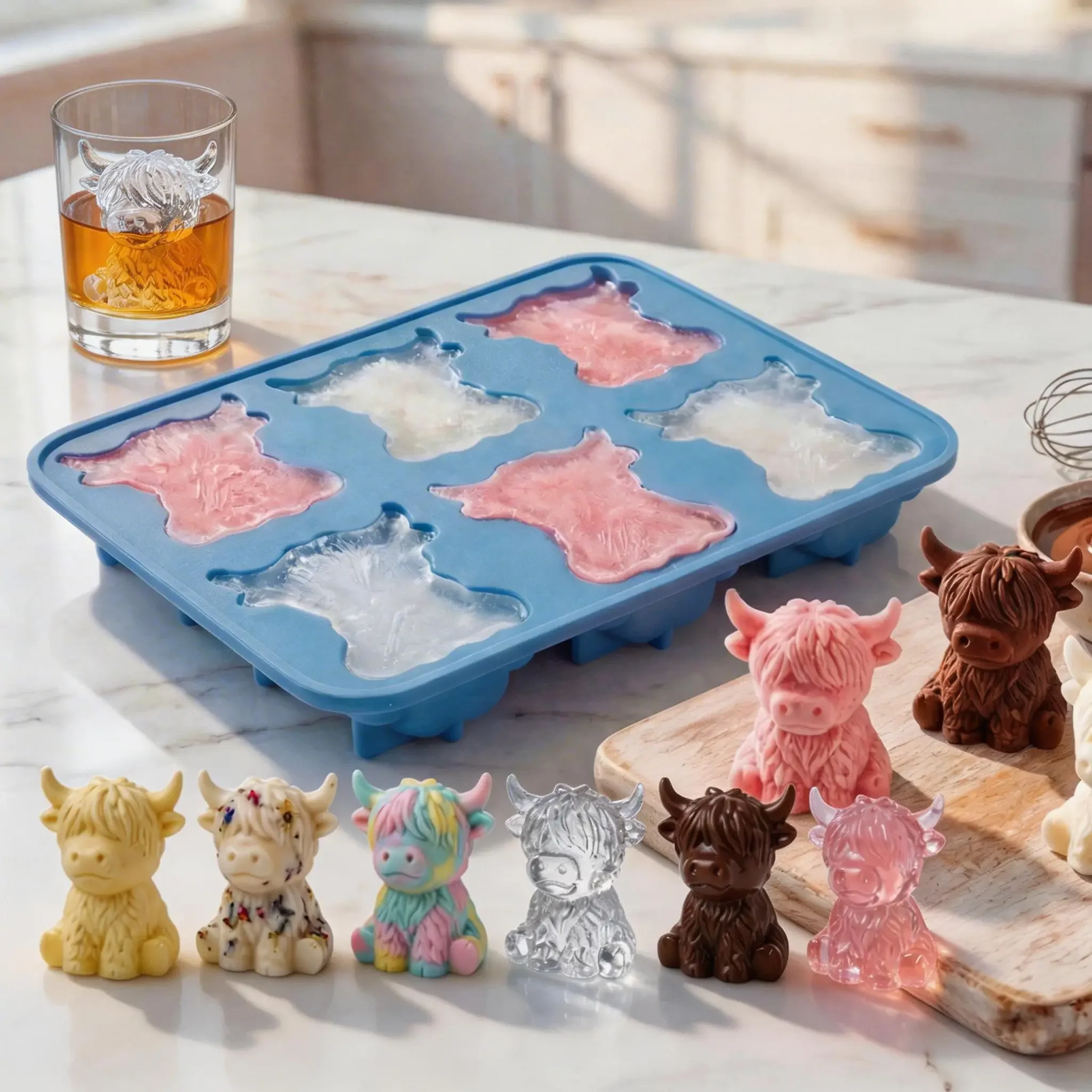 6 Cavity Ice Cube Mold Silicone Ice Cube Tray Mini Highland Cow Ice Cube Mold for Handmade DIY Chocolate Soap Candle Making Mold