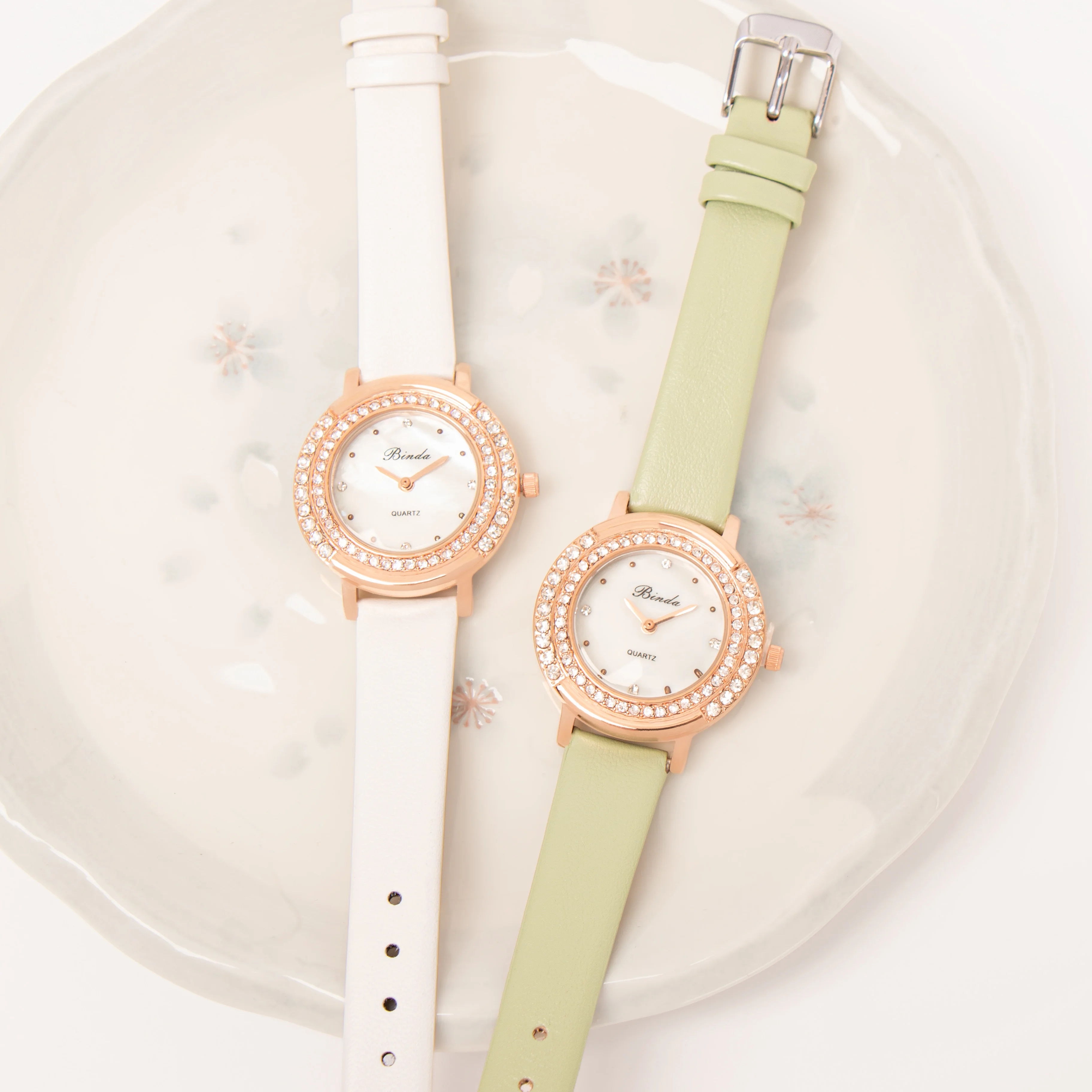 Binda Original Diamond Dial Women's Quartz Watch, Elegant Fashion Design with Leather Strap