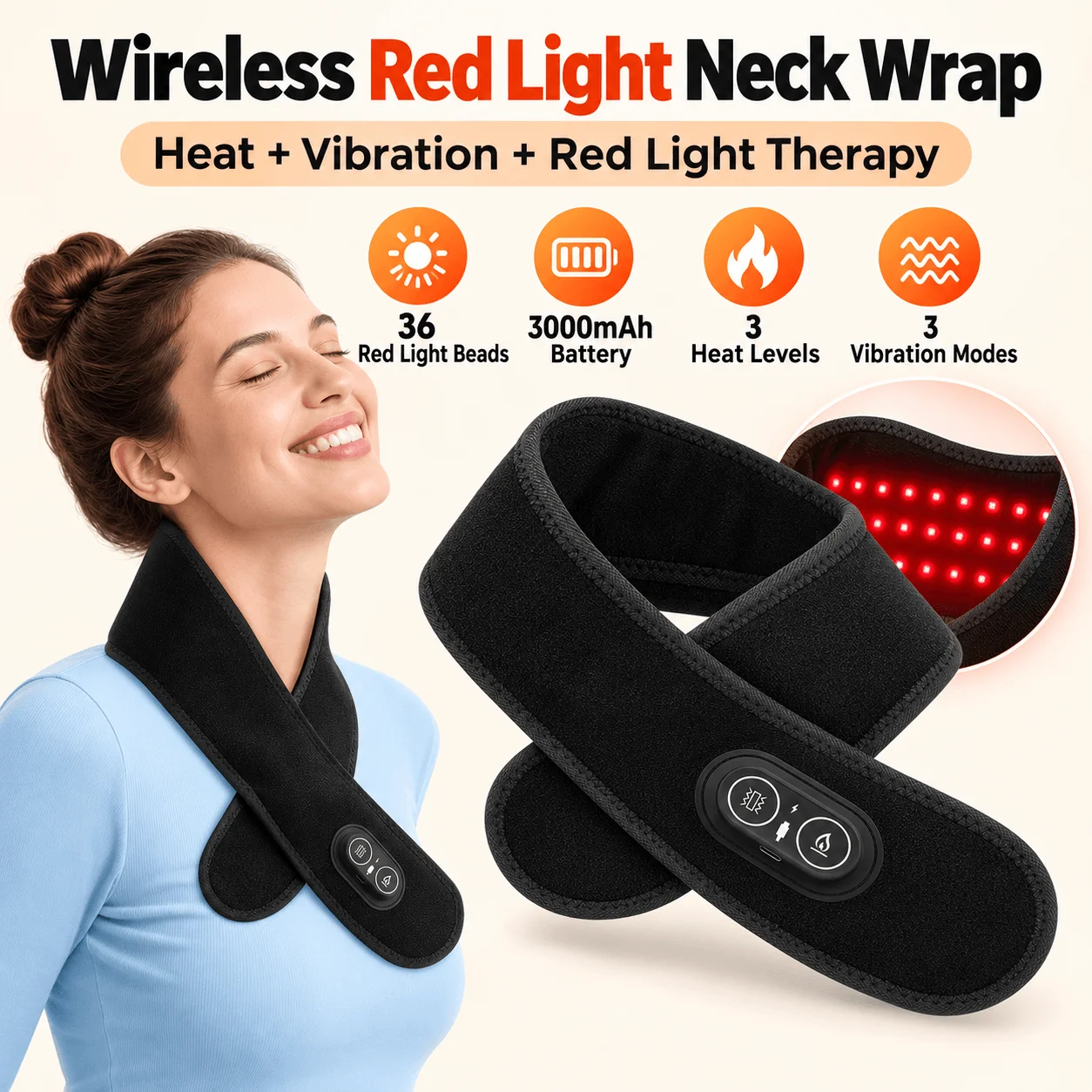 Red Light Therapy Neck Wrap Wireless Heating Pad with Vibration 36 LEDs 3000mAh Rechargeable Battery 3 Heat Levels for Home Use