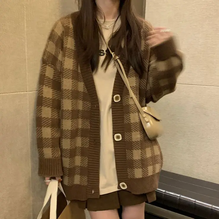 Women 2023 Autumn/Winter New Knitted Cardigan Sweater Coat Korean Version Loose Large V-Neck Long Sleeve Checkerboard Pattern