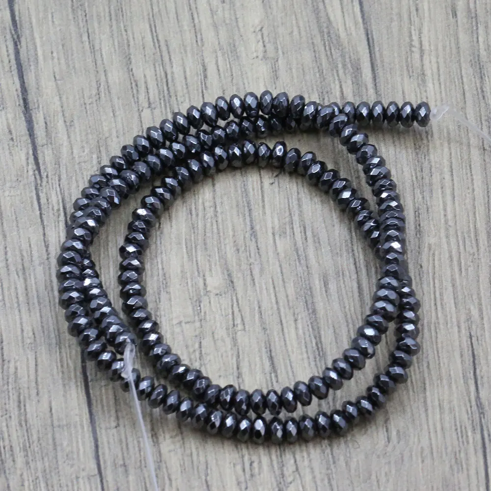 APDGG 2x4mm Natural Black iron ore Faceted Coin Wheel Loose Beads 15.5