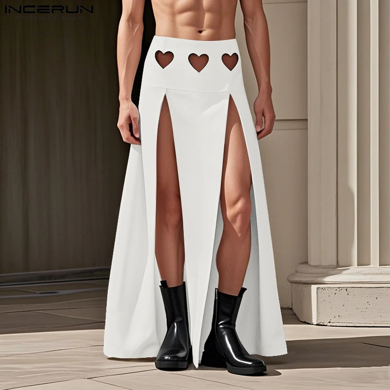 

INCERUN Men Casual Pants Pantalons Fashion Hollow Out Solid Long Half Length Skirt Pants Wide Leg Trousers Summer Men's Clothing