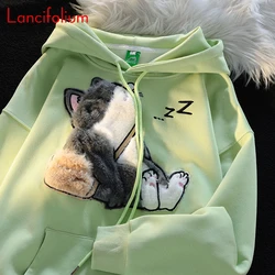 Japanese Vintage Doze To School Muppet Cat Flocking Embroidery Hooded Hoodie Preppy Kawaii Chic Couple Loose Sweatshirt Coat Top