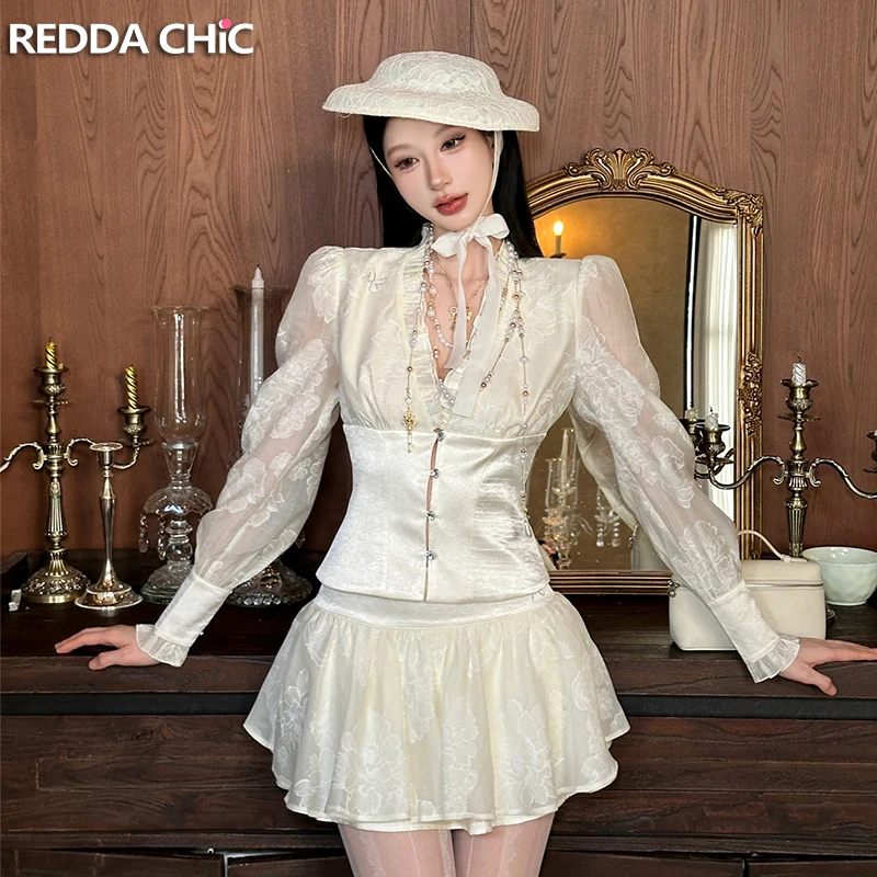 ReddaChic Puff Long Sleeve Top Skirt Set Vintage Low Rise Mini Ruffle Skirt Jacquard Satin V Neck Blouse Romantic Woman Clothes