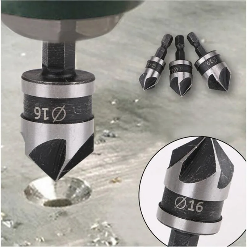 3Pcs 1/4 Hex 5ขลุ่ย Countersink Set Mata Bor 90องศา Deburring เครื่องมือใบเลื่อยตัดไม้โลหะ12/16/19มม.