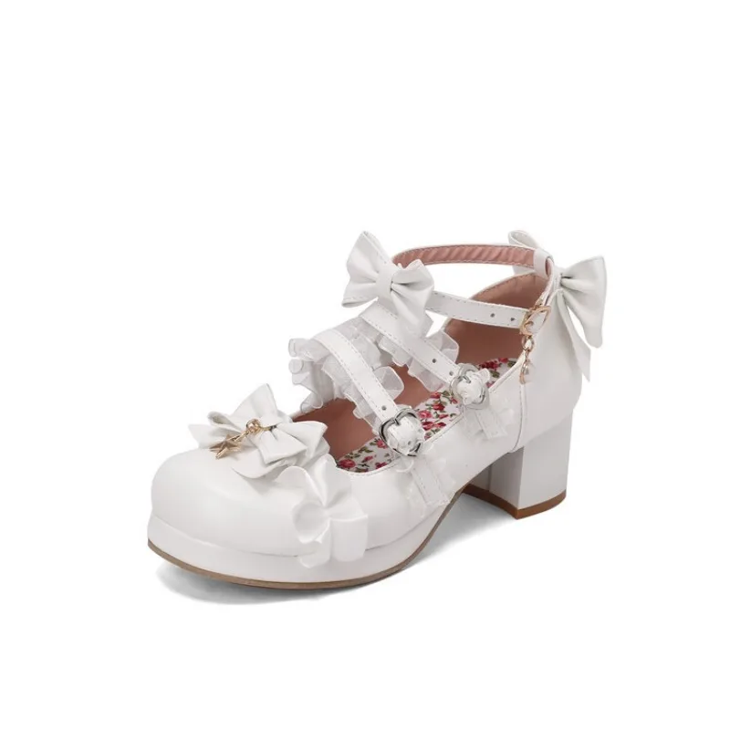 Sweet White Bow Platform High Heel Lolita Mary Jane Shoes Women Princess Pumps Plus Size EU34-48 Daily Dress Shoes