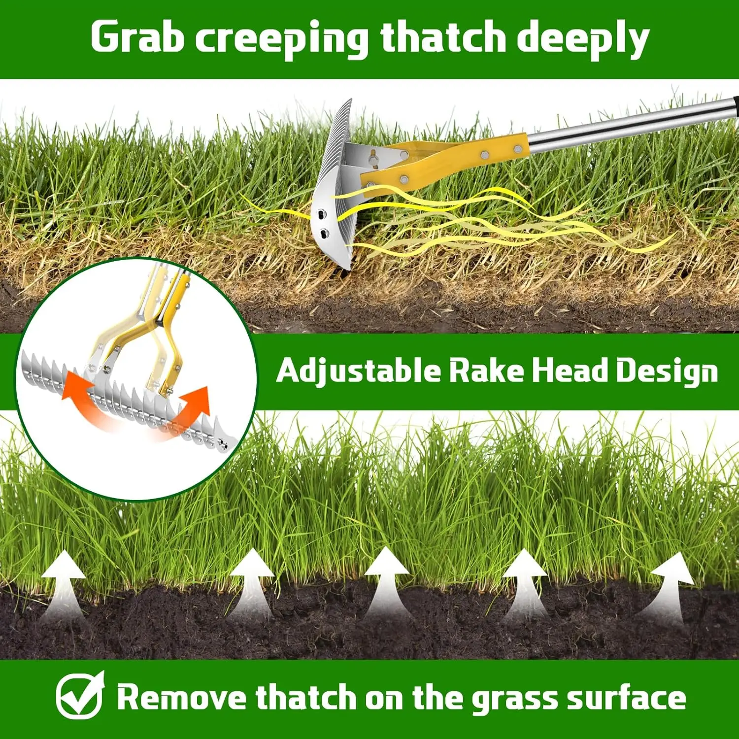 Grass Rake, Used for Cleaning Dead Grass 15inch Wide Lawn Grass Rake with Sponge Handle, High-Efficiency Metal Steel Lawn Weeder, Loose Lawn and Soil Grass Rake