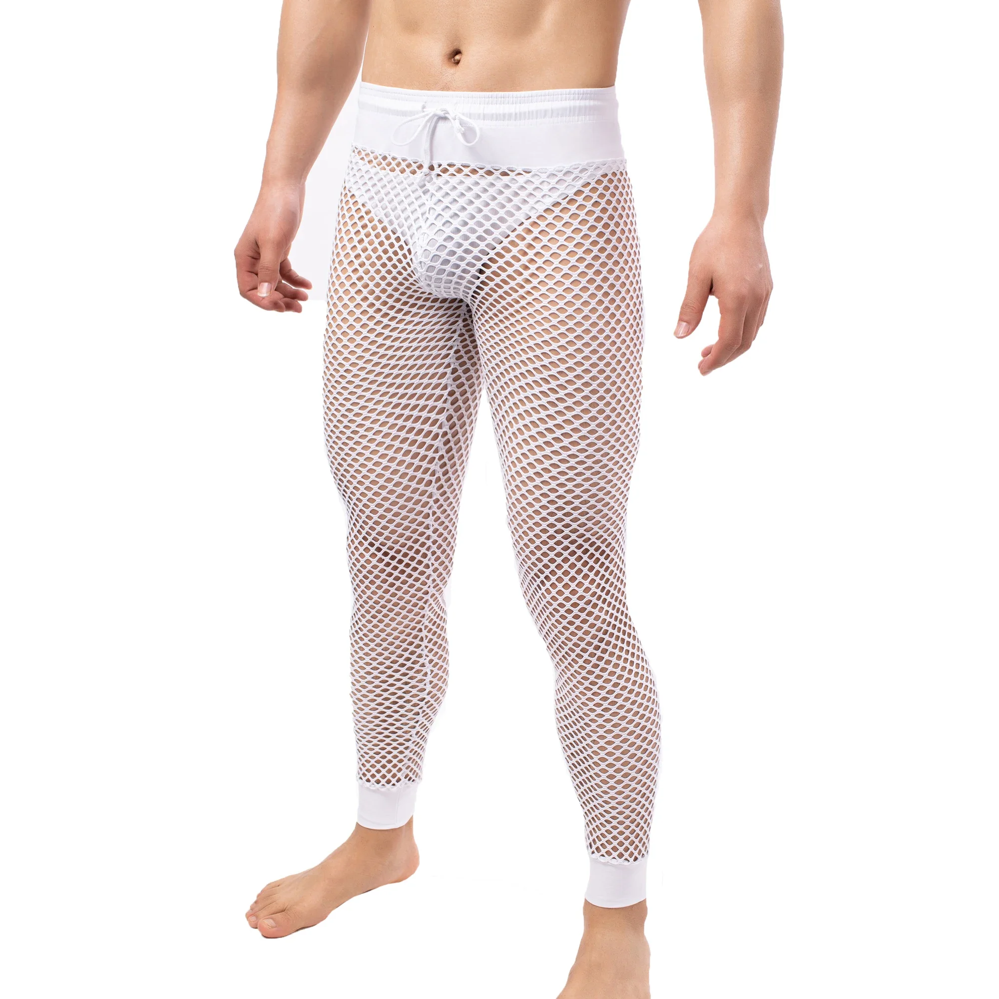 Mens Mesh Long Pants Transparent Sexy Mens Underwear Long Johns Men\'s Lingerie Leggings Sleep Homewear See Through Pajama Pants