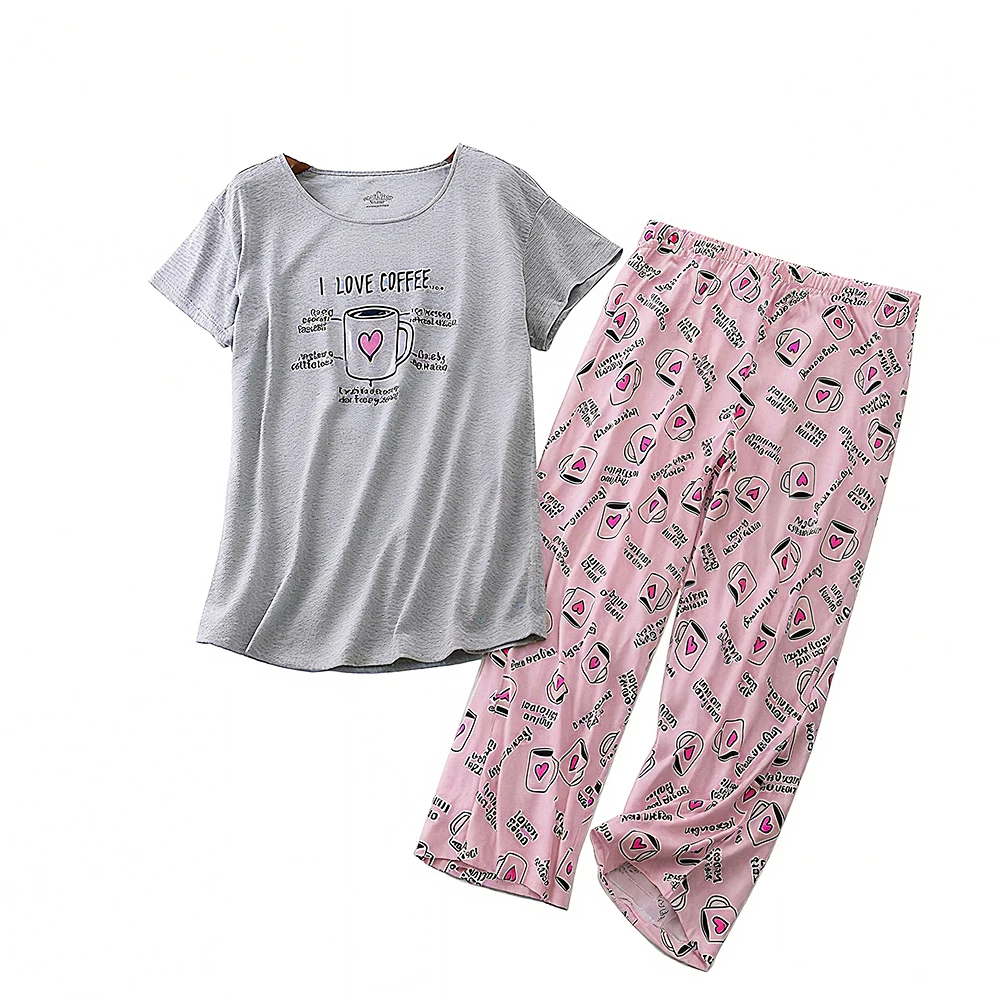 

Pajama Set Pyjamas Woman Soft Cotton Comfortable Loungewear Cartoon 2 Piece Set Plus Size Short Sleeve