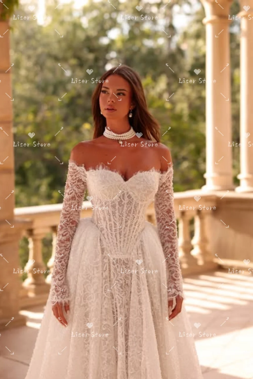 LISER Customized Ivory Off Shoulder Long Lace Corset Wedding Dress Detachable Tulle Overskirt Mermaid Silhouette Robe De Mariée