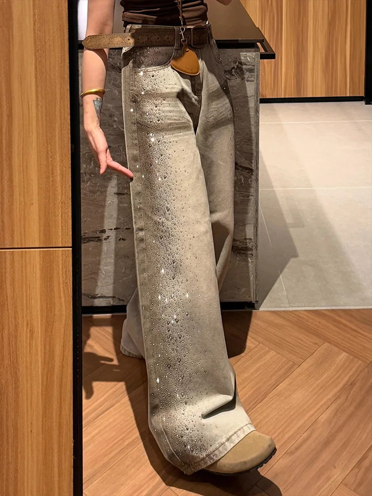

Retro American Design Stained Denim Jeans Women Summer Spicy Side Rhinestone Floor-Length Pants Natural Waist Pure Color