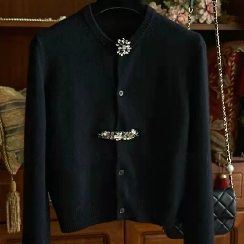 Autumn Elegant Office Lady Wool Knit Cardigan Women Luxury Rhinestone Button Crew Neck Long Sleeve Short Sweater Outerwear Top