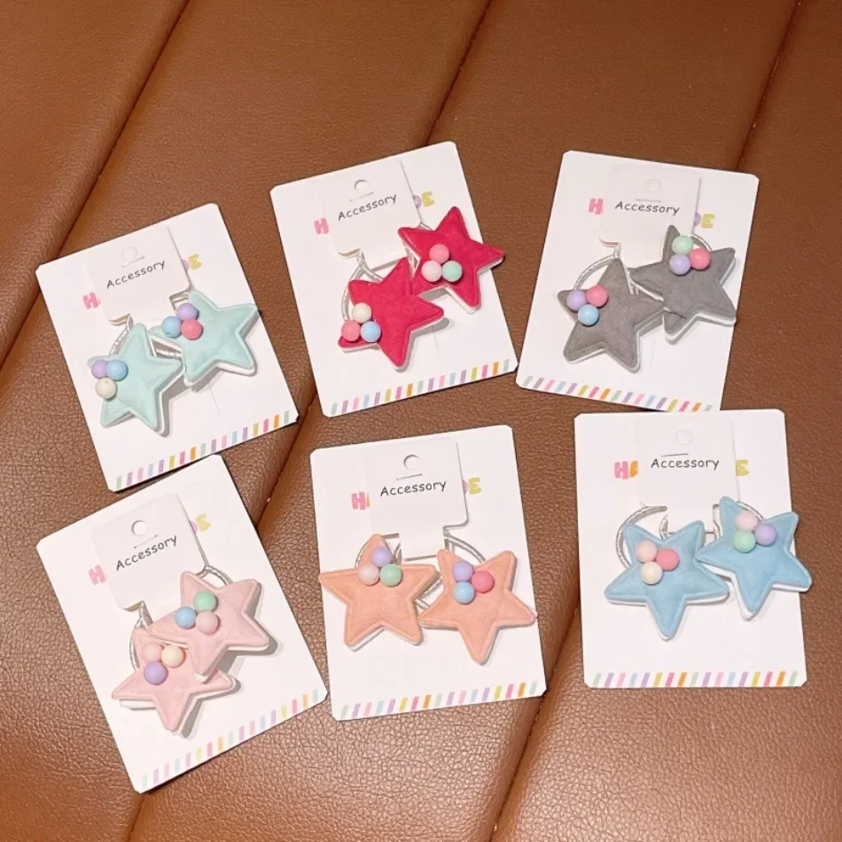 Soft Felt Five-Pointed Star Hair Ties with Pastel Beads Double Ponytail Elastic Bands Cute Toddler Kids Hair Accessory Pair ZX07