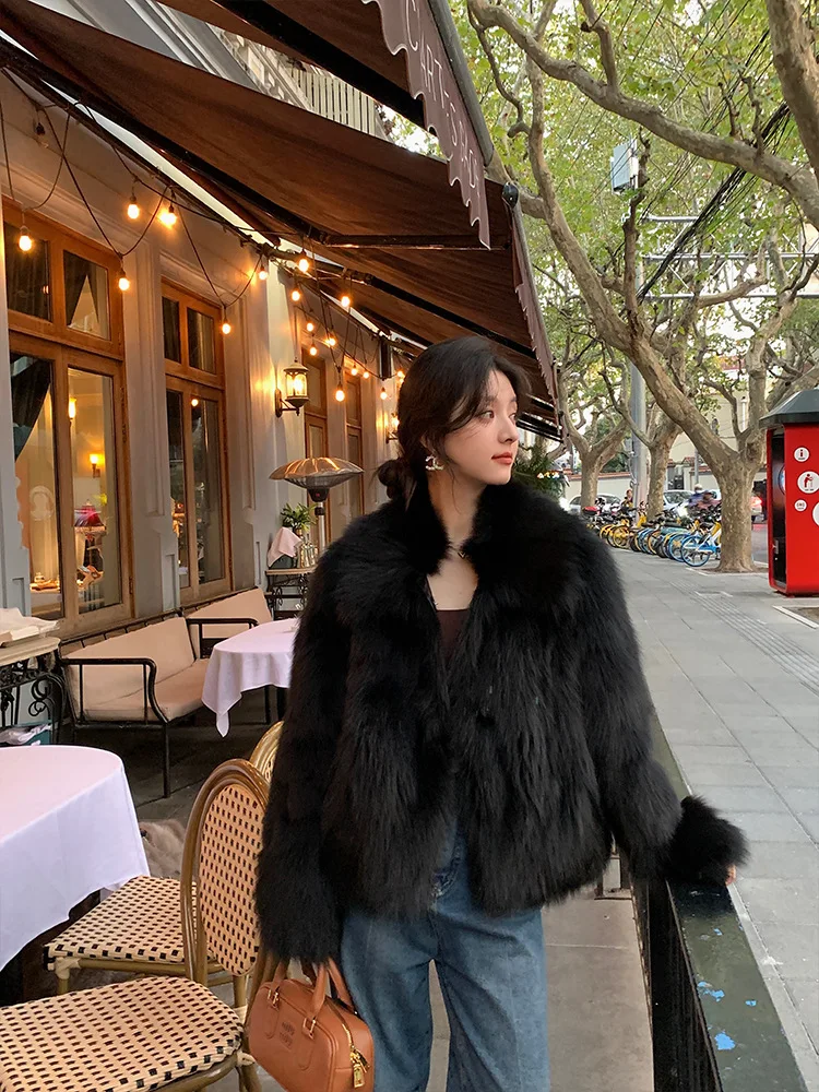 Women Faux Fox Fur Coats Solid Short Jackets Long Sleeves Turn Down Collar Open Stitch Loose Elegant Casual 2026 Autumn Winter