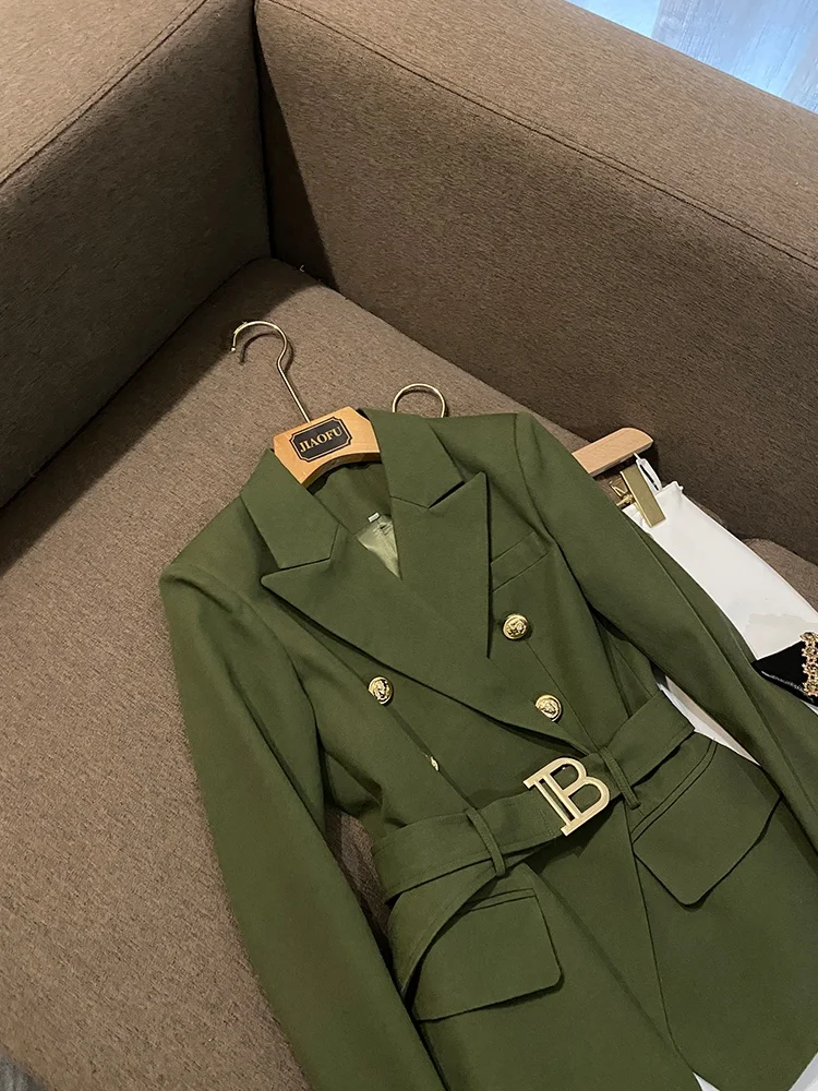 ชุดสูทเดนิมทรงเข้ารูปแบบกระดุมสองแถว สีพื้น พร้อมเข็มขัดรัดเอว สำหรับผู้หญิง สไตล์ลำลอง เหมาะสำหรับใส่ไปทำงานในฤดูหนาว