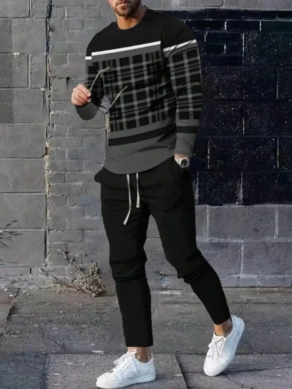 

Fashionable men's summer striped pentagram print breathable round neck long sleeved pants set outdoor casual clothing