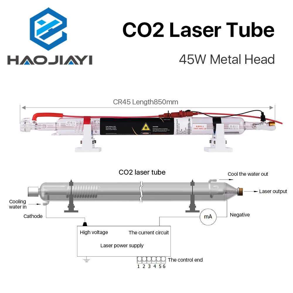 Tubo di vetro da 850MM con testa in metallo Laser Co2 da 45-50W per macchina da taglio per incisione Laser CO2