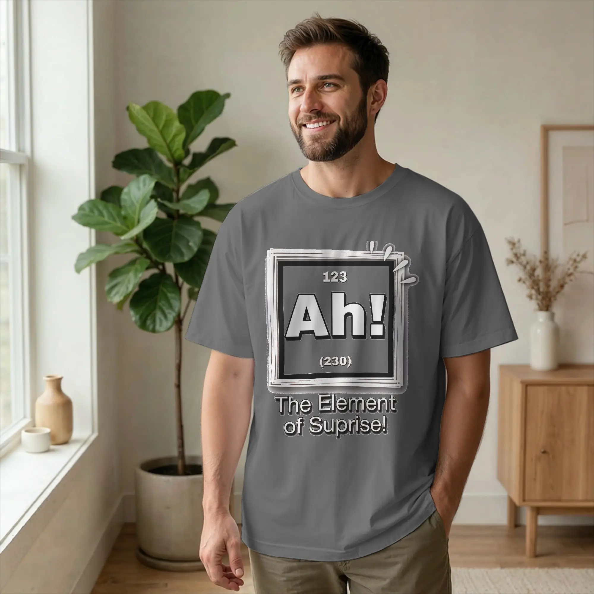 Novelty Humor Ah! the element of surprise  T-Shirt Men Cotton Short Sleeve Chemist Quote  Round Neck Summer Tops Shirts