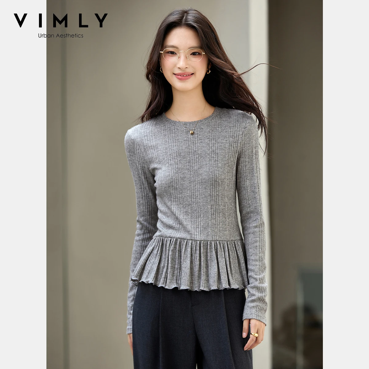 

VIMLY Women's Gray Knitted T-shirts Casual Ruffled Hem Long Sleeve Ladies Tops Autumn 2025 Round Neck Slim Fit Female Tees A3092
