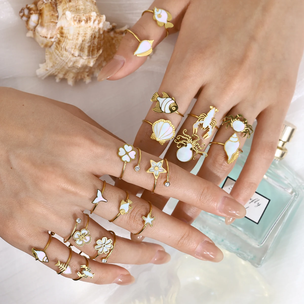 WILD & FREE New In Ocean Stainless Steel Adjustable Rings for Women Natural Shell Creative Marine Animals Waterproof Jewelry