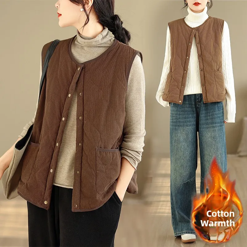 

Retro Japanese Sle Women's ort Corduroy Vest Winter Cotton Lined Loose Svel Outerwear Layering Coat Jaet