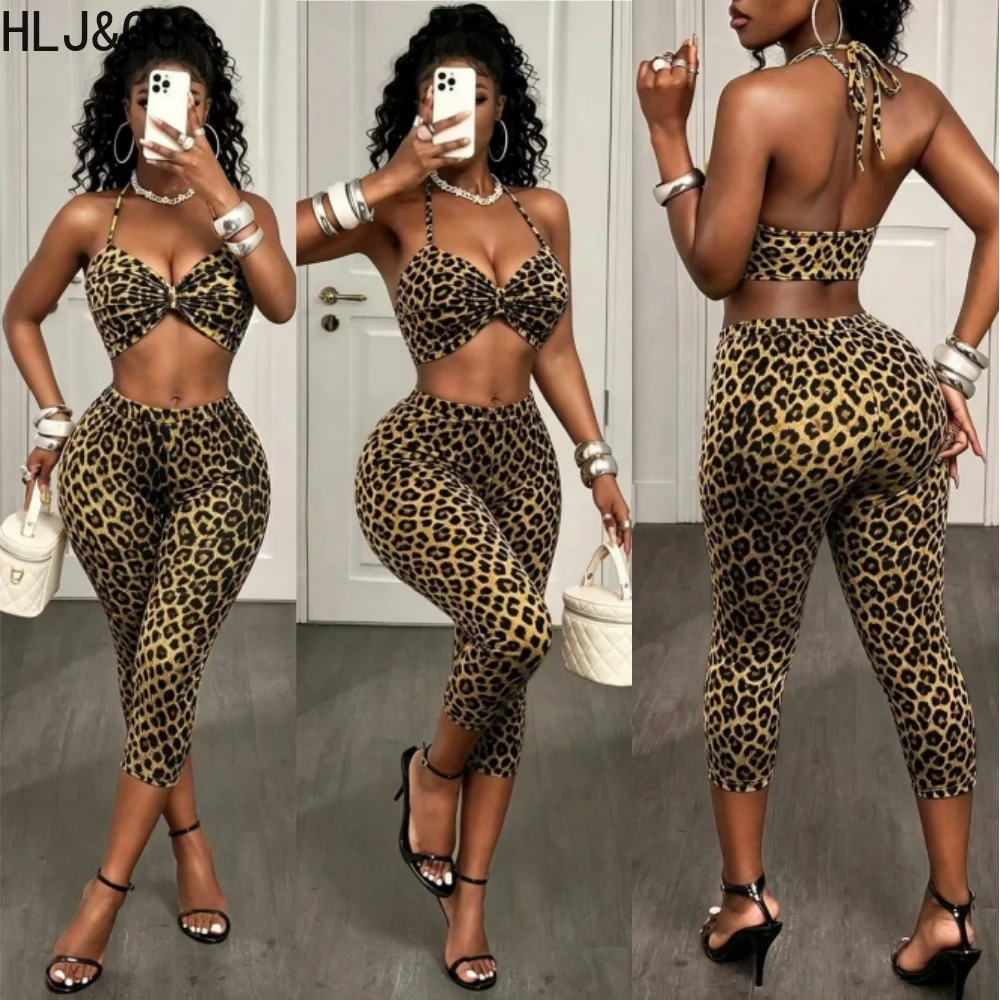 

HLJ&GG Sexy Leopard Print Hollow Shorts Two Piece Sets Women Halter Backless Crop Top And Shorts Outfits Fashion 2pcs Streetwear