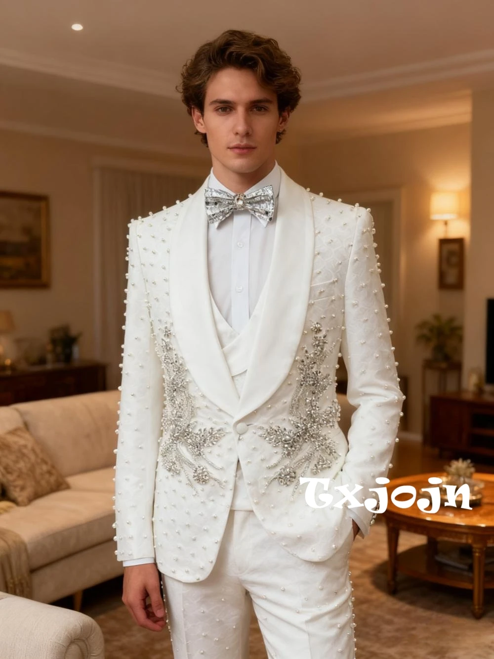 

White Luxurious Pearls Suit Set 3 Pieces For Men Wedding Groom Sets Elegant Shawl Lapel Men's Suits Dancing Wear Party Tuxedo