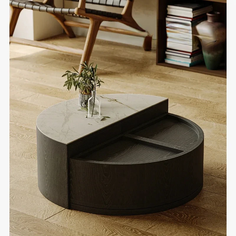 Rotating Coffee Table Luxury High Artistic Sense Small Apartment Log Stone Plate round Tea Table